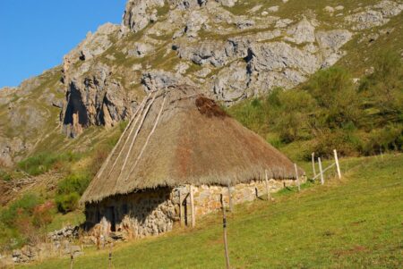 a thatch roofed hut in a field with mountains in the background a thatch roofed hut in a field with mountains in the background